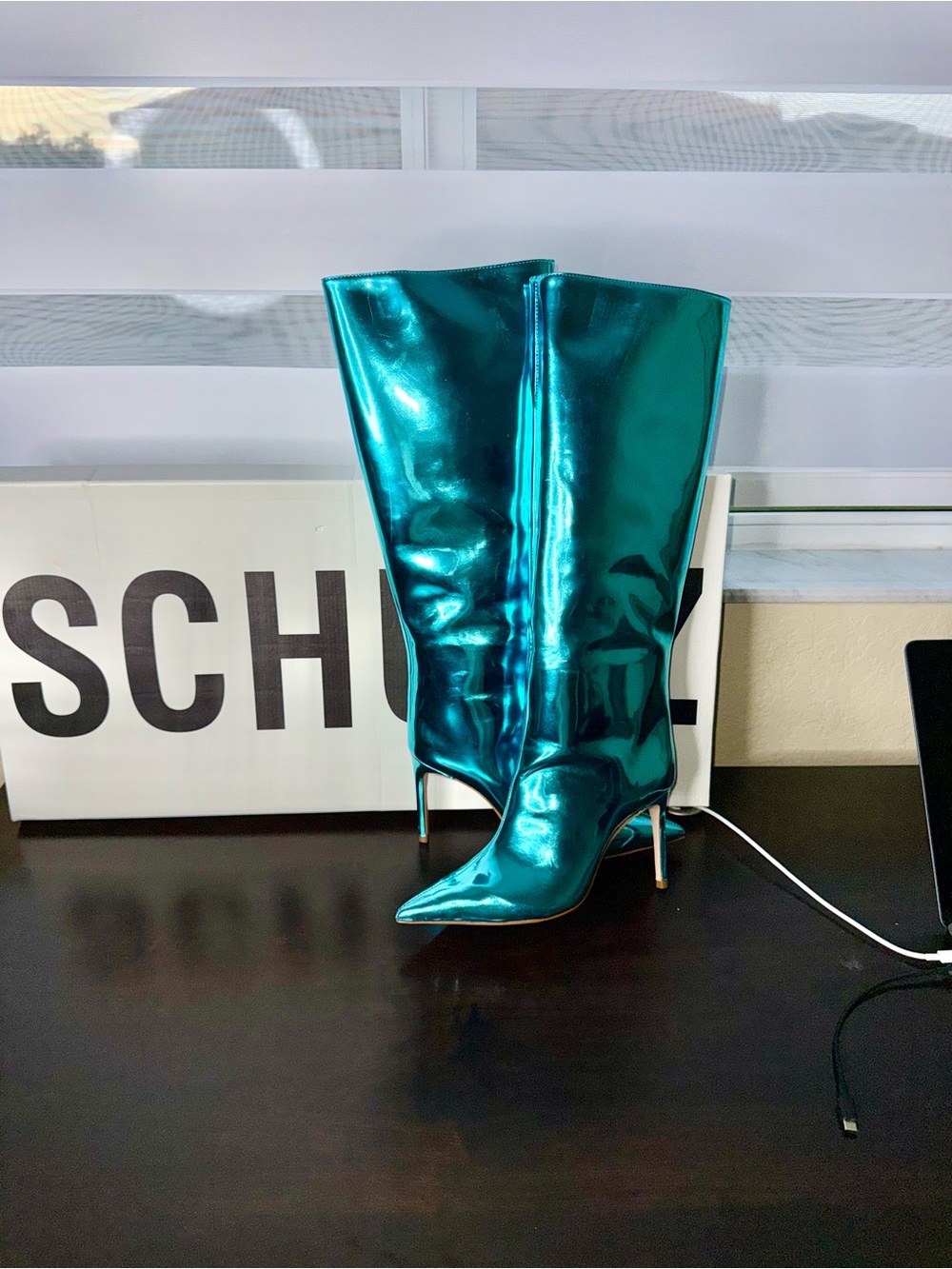 SCHUTZ Metallic Teal Knee-High Stiletto Boots